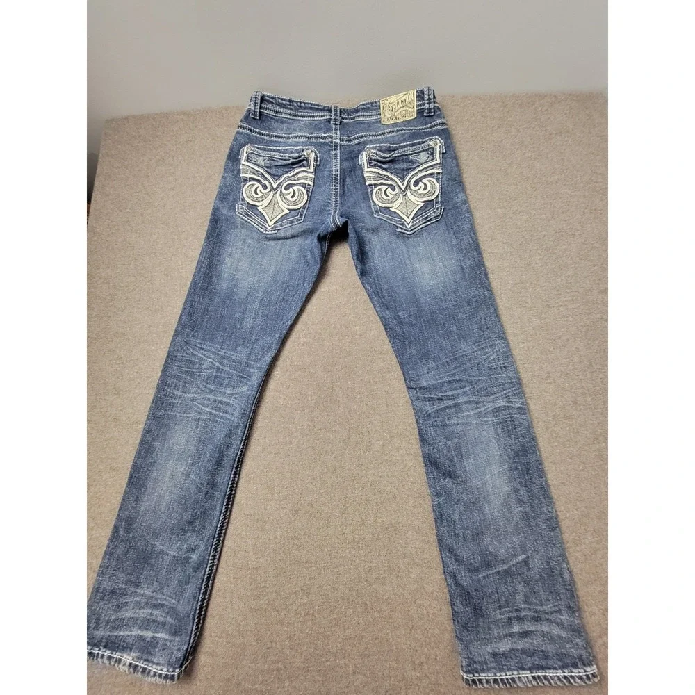 Affliction Men's 34 Ace Straight Jeans Blue Distressed Embroidered Premium Denim - Picture 3 of 12